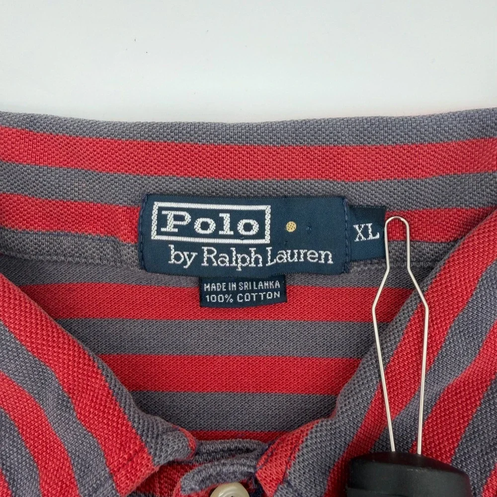 Polo Ralph Lauren Polo Shirt Mens XL Red Grey Striped Pocket Short Sleeve Cotton